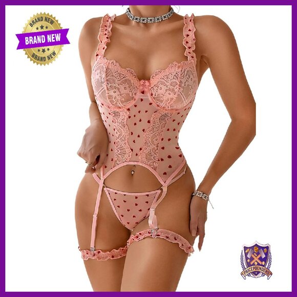 Sheer Mesh Corset Lingerie Set with Garter Adjustable Straps Underwire
